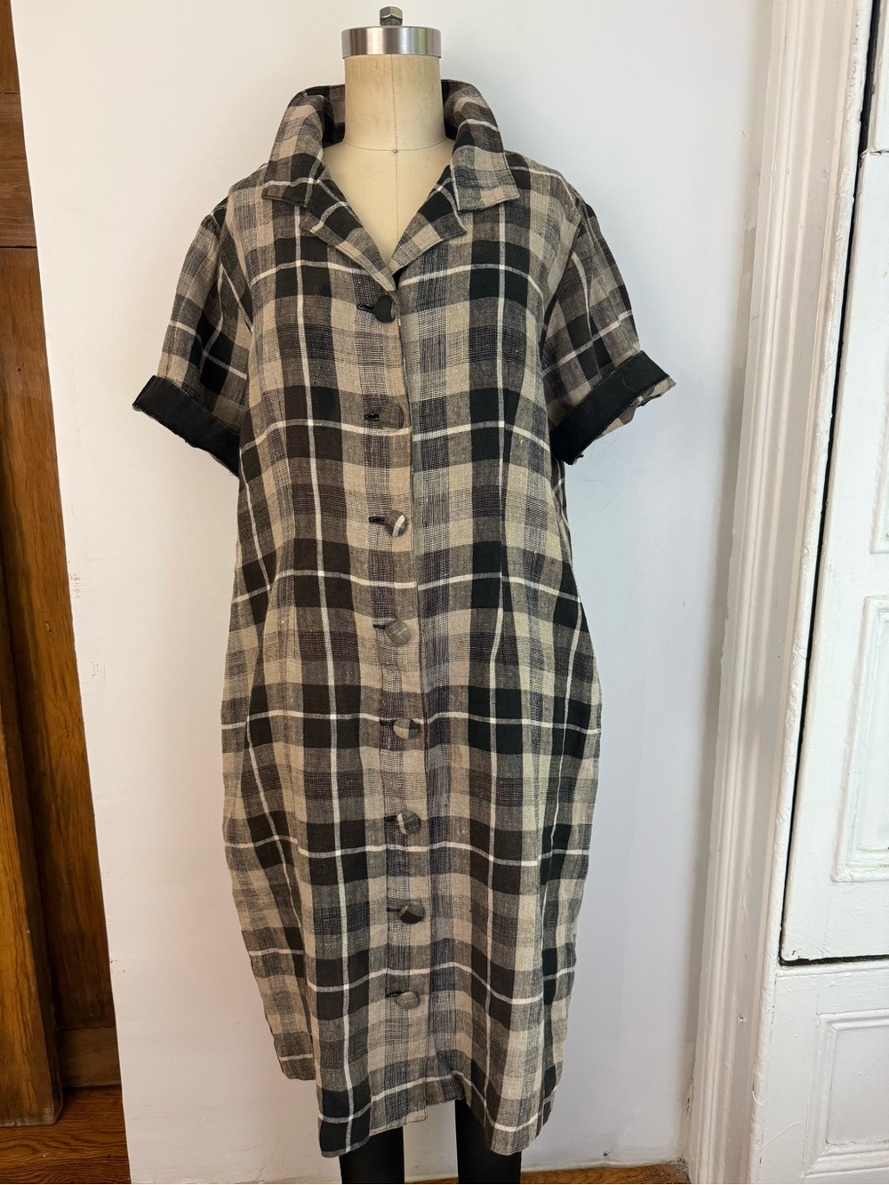Vintage Plaid Linen Midi Dress Oversized Shirt Brown Black Check Dress